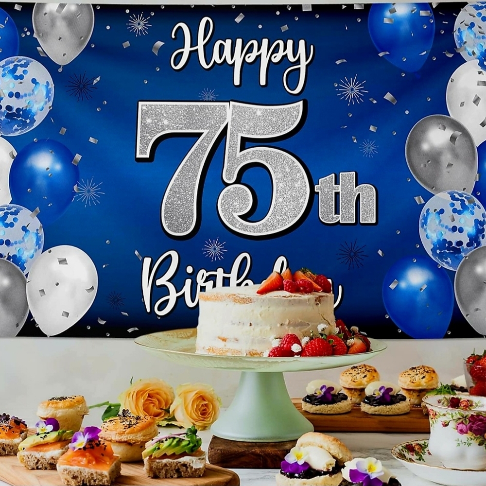Happy 75th Birthday Backdrop Banner Blue Silver Photo Booth Decoration